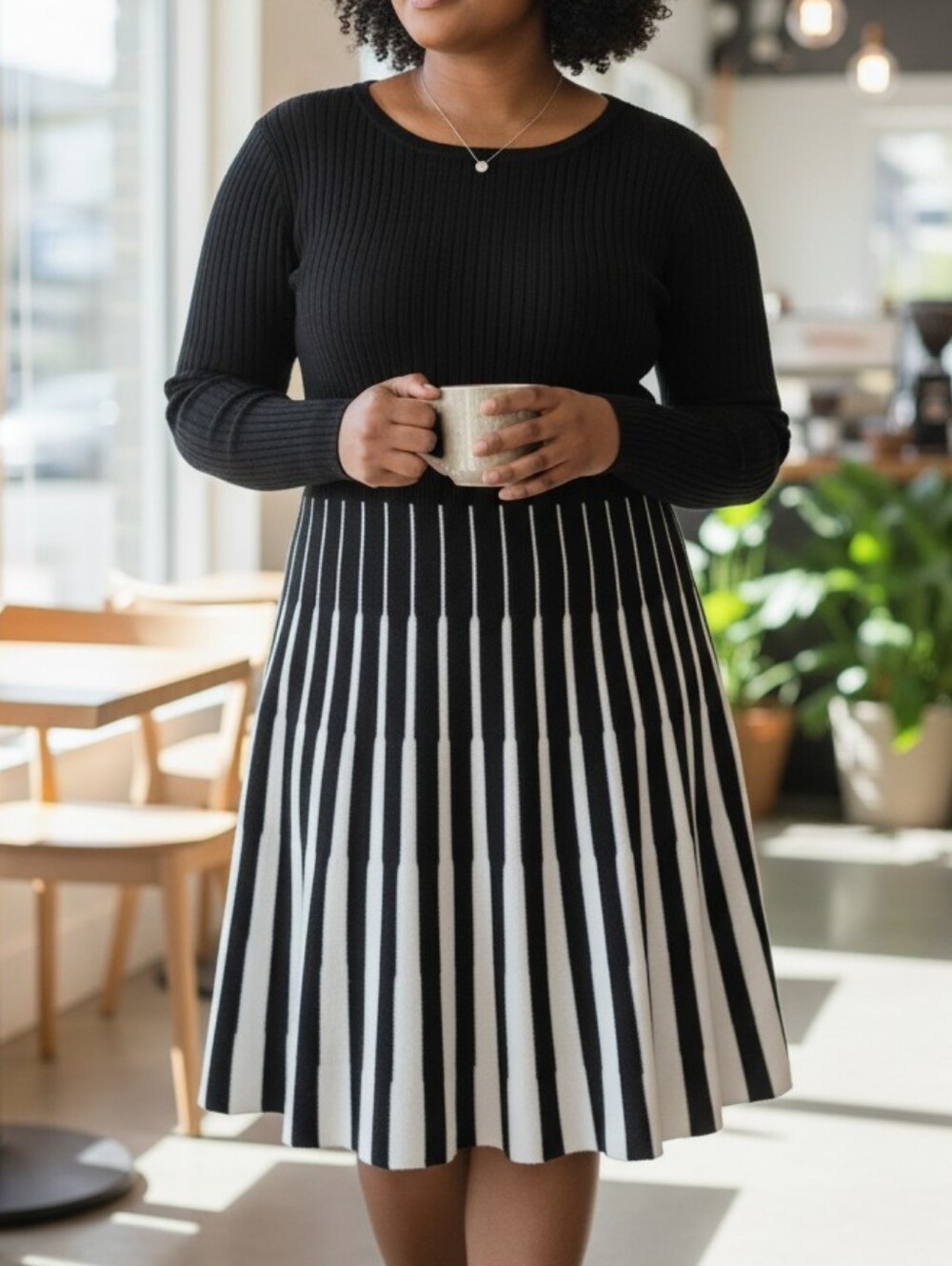 Cato Black and White Long Sleeve Fit and Flare Sweater Dress
